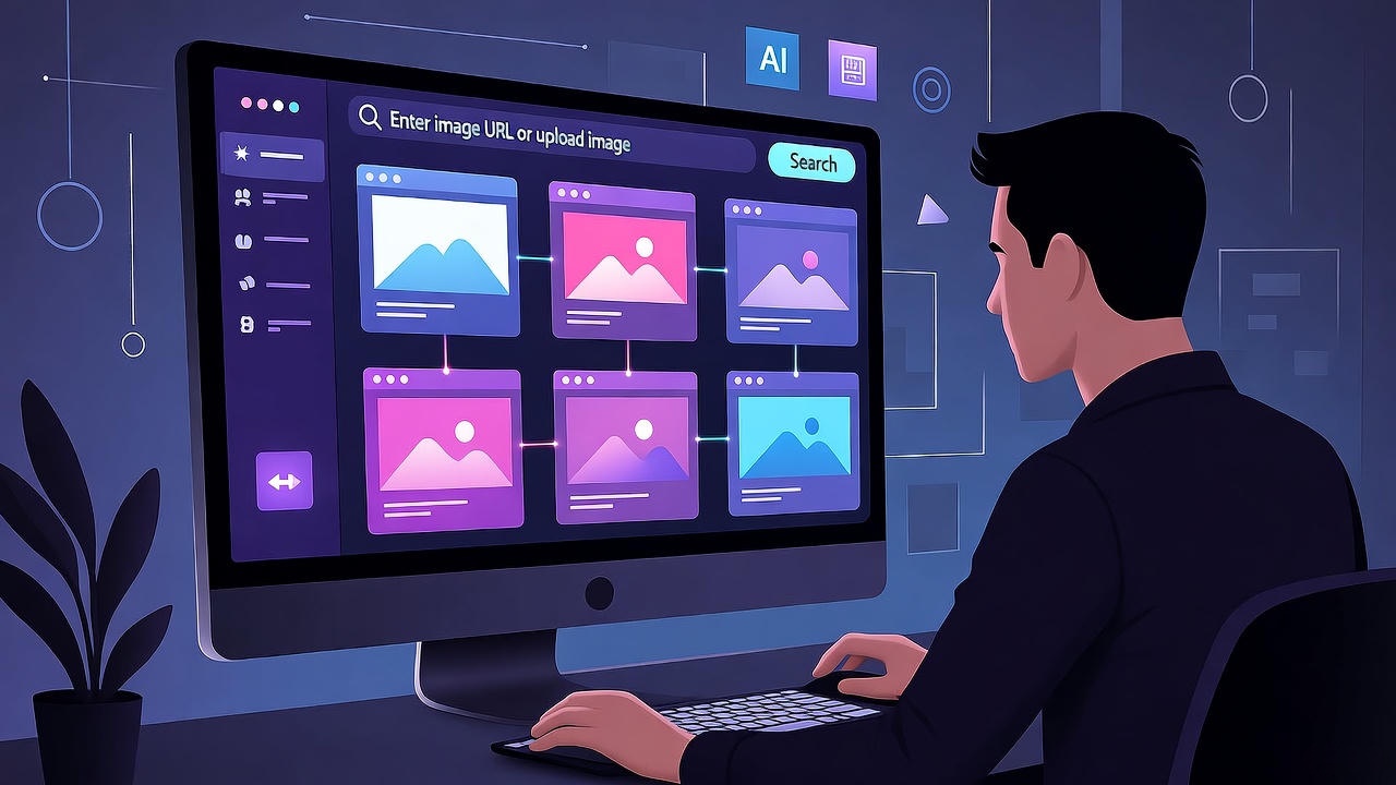 A man works on a desktop computer in a dimly lit modern workspace, using a reverse image search interface displaying multiple photo thumbnails and search options. The screen shows an input bar for uploading images or entering URLs, surrounded by icons for artificial intelligence tools and digital media management, emphasizing technology, image recognition, and AI-powered visual search.